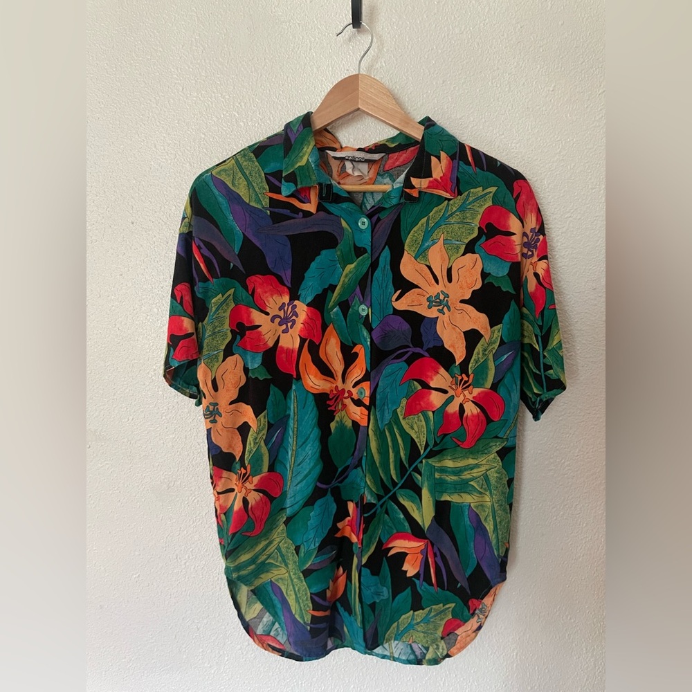 Melrose Options Vintage Floral Print Women's Blouse Size Medium Relax Tropical